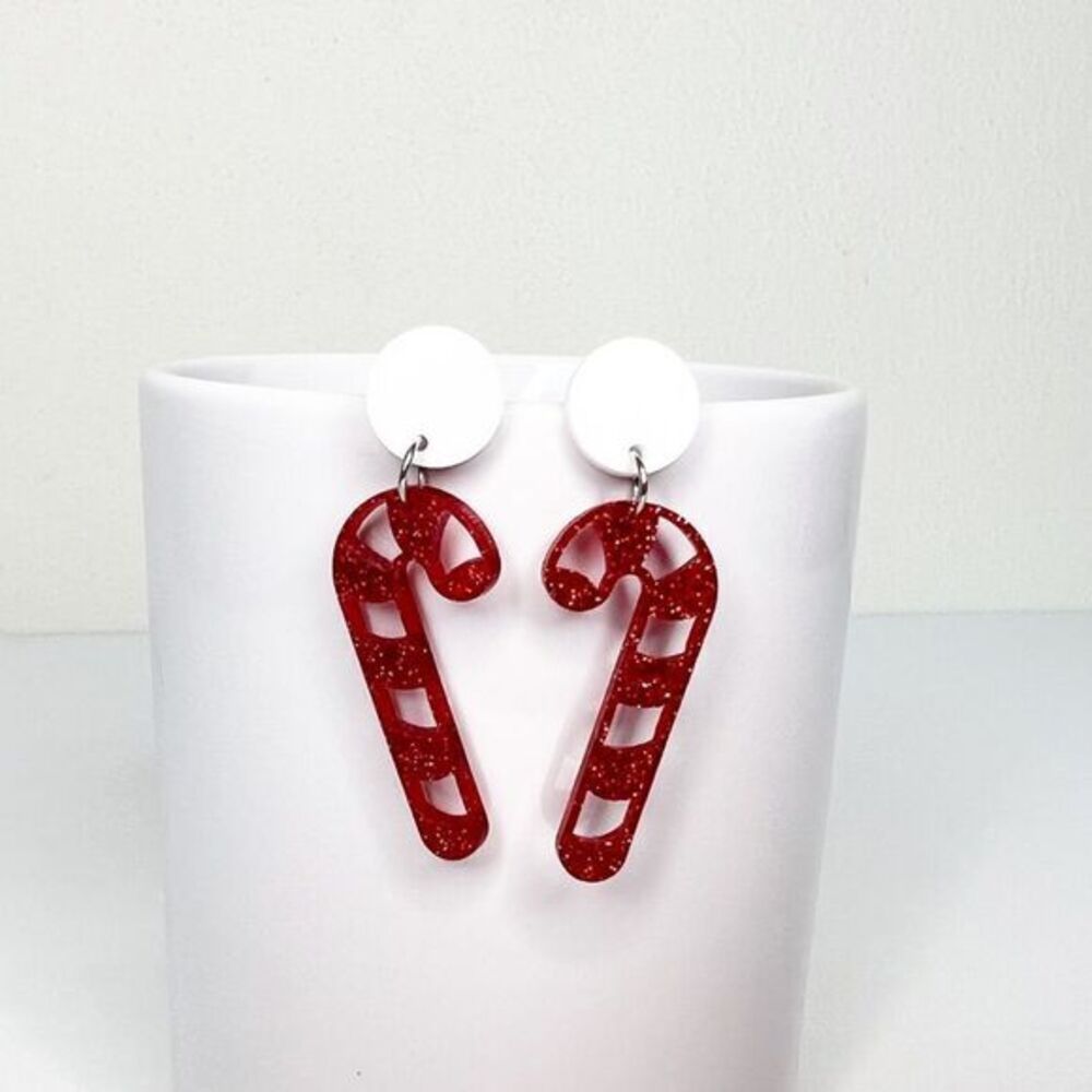 Christmas Holiday Red White Glitter Candy Cane Post Dangle Earrings
